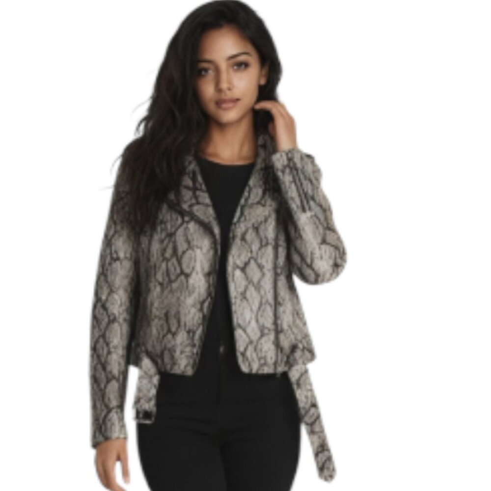 Coffee Shop Medium Python Embossed Faux Leather Moto Jack NWT